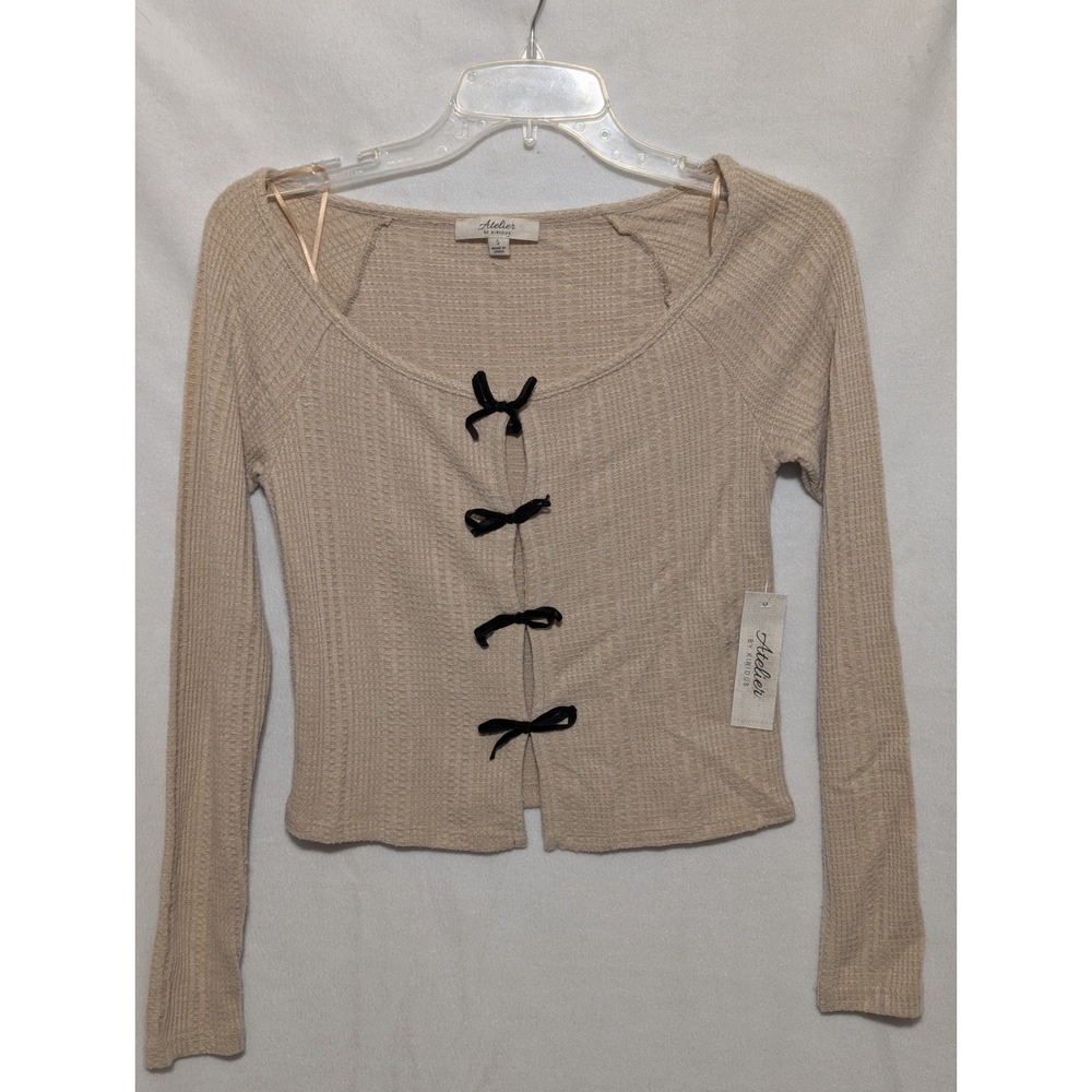 Atelier by Kirious Womens Beige Waffle Knit Bow Front Long Sleeve Top Small NWT